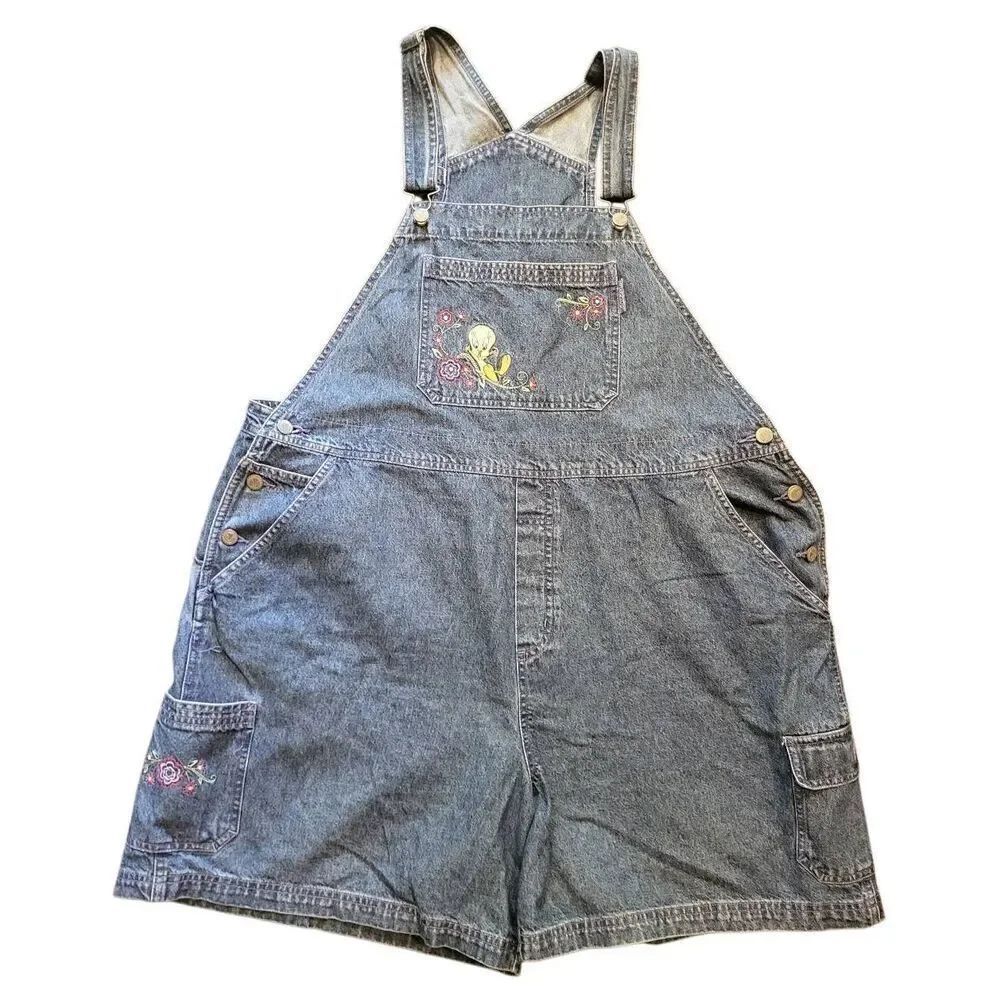 Vintage Looney Tunes Shortalls Women's 24W Blue Tweety Bird Embroidered Denim